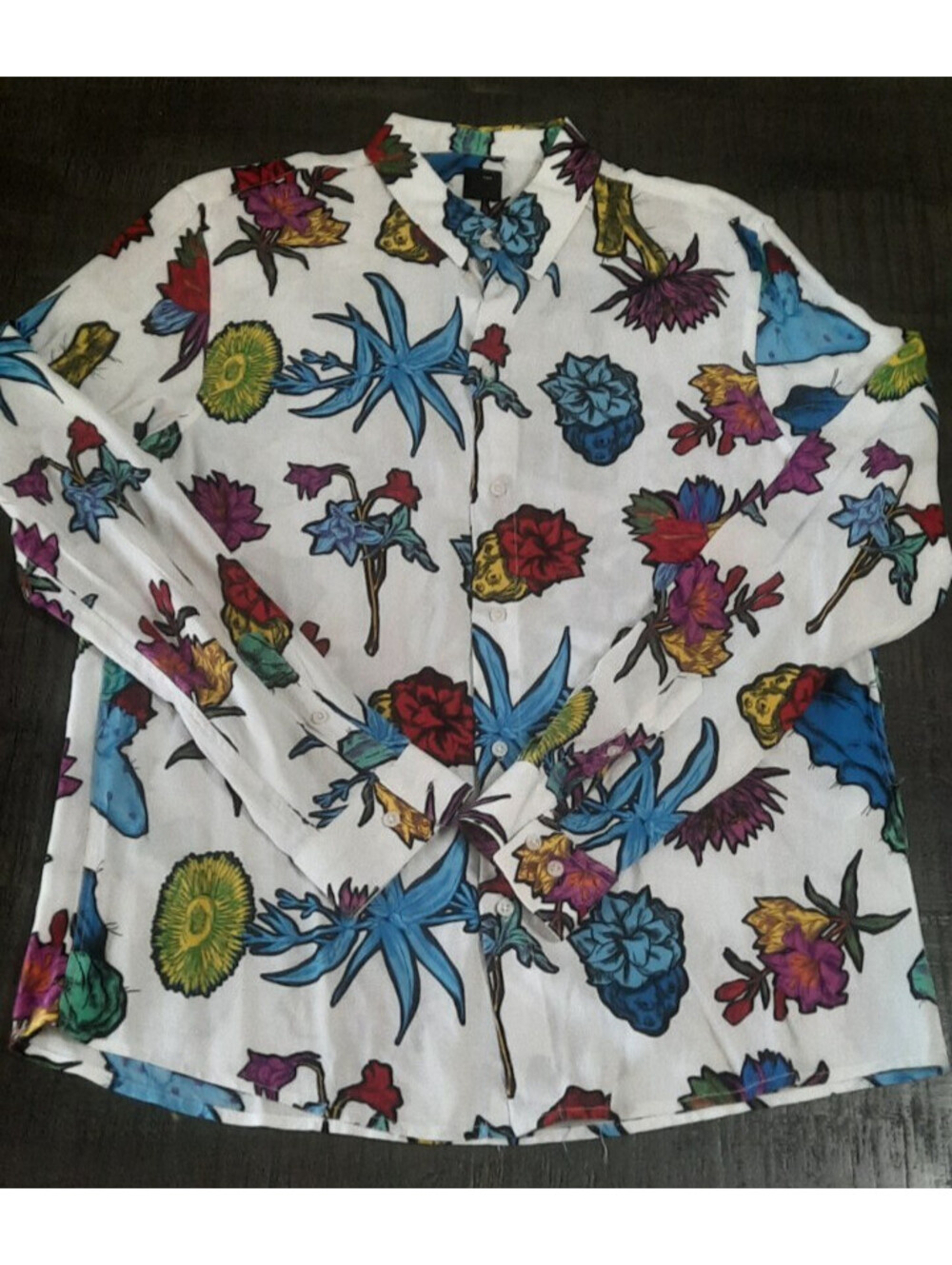 H&M Men's White Botanical Cactus Flower Long Sleeve Button Down Shirt Size M